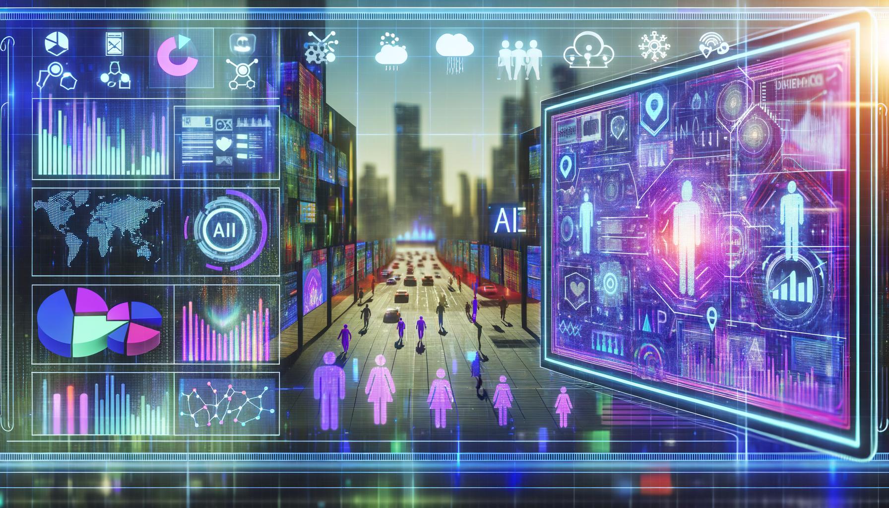 Futuristische Cityscape mit transparentem KI-Dashboard, digitalen Anzeigen und dynamischen Datenvisualisierungen in leuchtenden Neonfarben