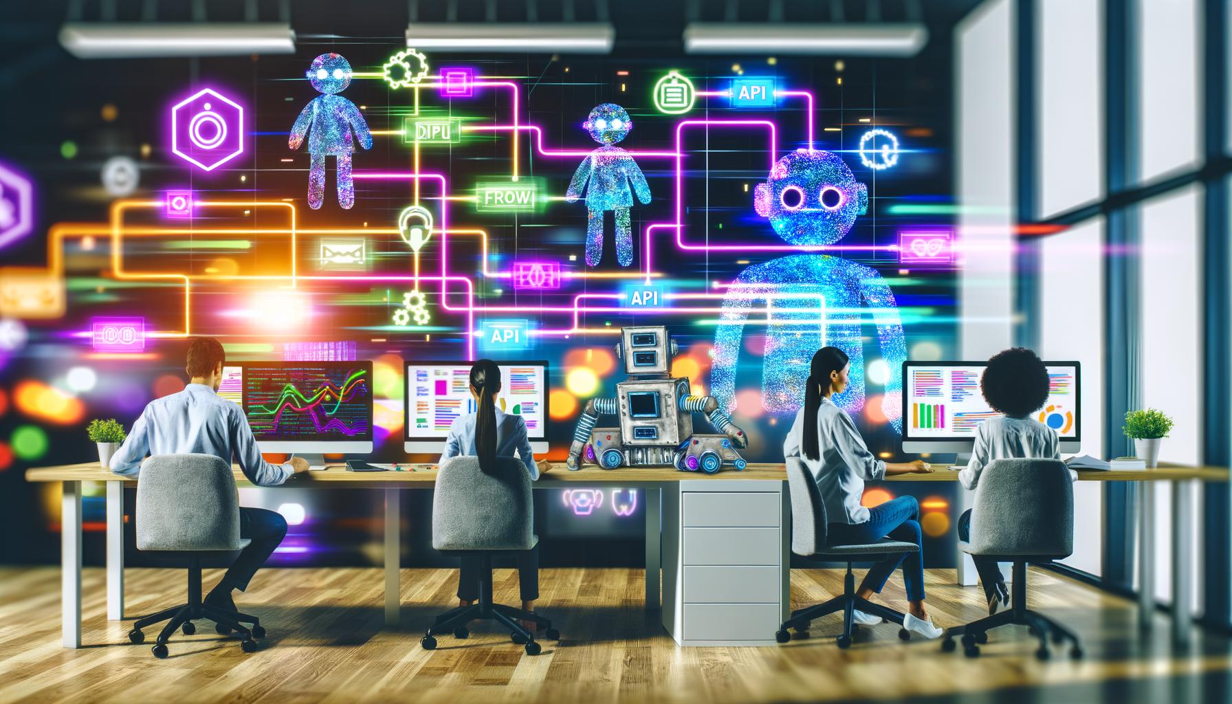 Mehrere Menschen und Roboter arbeiten gemeinsam an einem modernen Schreibtisch; Monitore zeigen Arbeitsprozesse, KI-Texte und Charts, während bunte Kabel und API-Symbole verschiedene Plattformen verbinden.