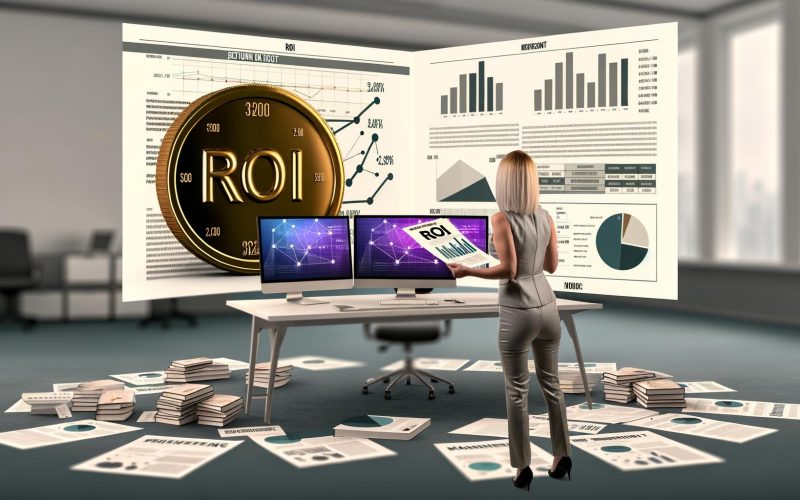 Geschäftsperson hält goldene ROI-Münze vor Schreibtisch mit Monitoren, Diagrammen und Marketingmaterialien in moderner Büroumgebung