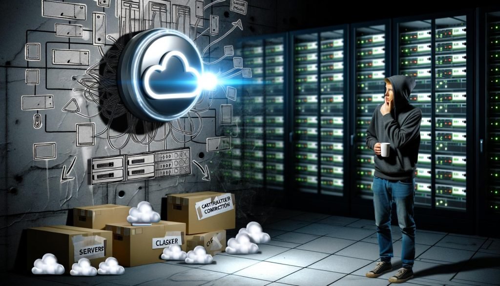 Entwickler mit Hoodie und Kaffeebecher blickt skeptisch auf AWS Lambda-Button vor Server-Racks, zerknüllten Server-Plänen und Container-Symbolen, Schatten von Preisschildern und Warnsymbolen an der Wand.