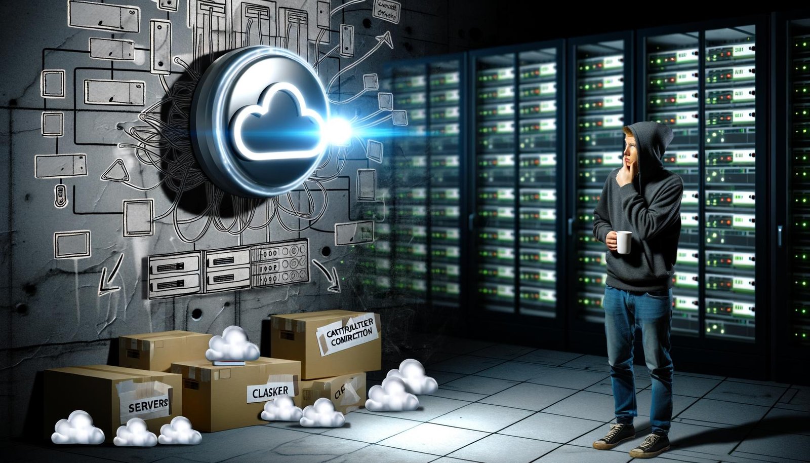 Entwickler mit Hoodie und Kaffeebecher blickt skeptisch auf AWS Lambda-Button vor Server-Racks, zerknüllten Server-Plänen und Container-Symbolen, Schatten von Preisschildern und Warnsymbolen an der Wand.