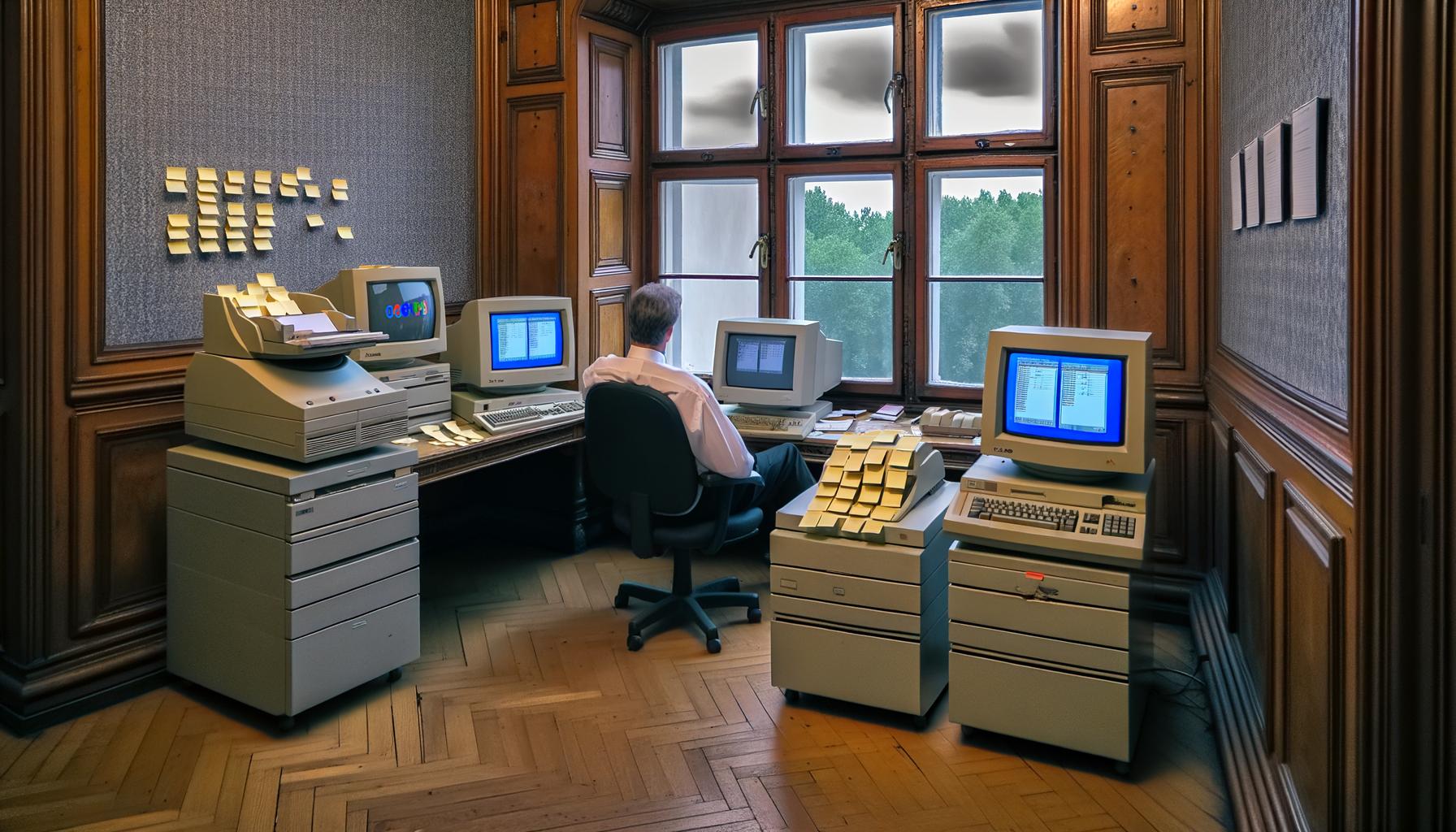 Retro-Büro eines deutschen Regierungsamts von 1995 mit Holzvertäfelung, alten PCs und Papierakten, Beamter in Hemd und Krawatte, Lotus Notes auf CRT-Monitor und Passwörter auf Post-Its
