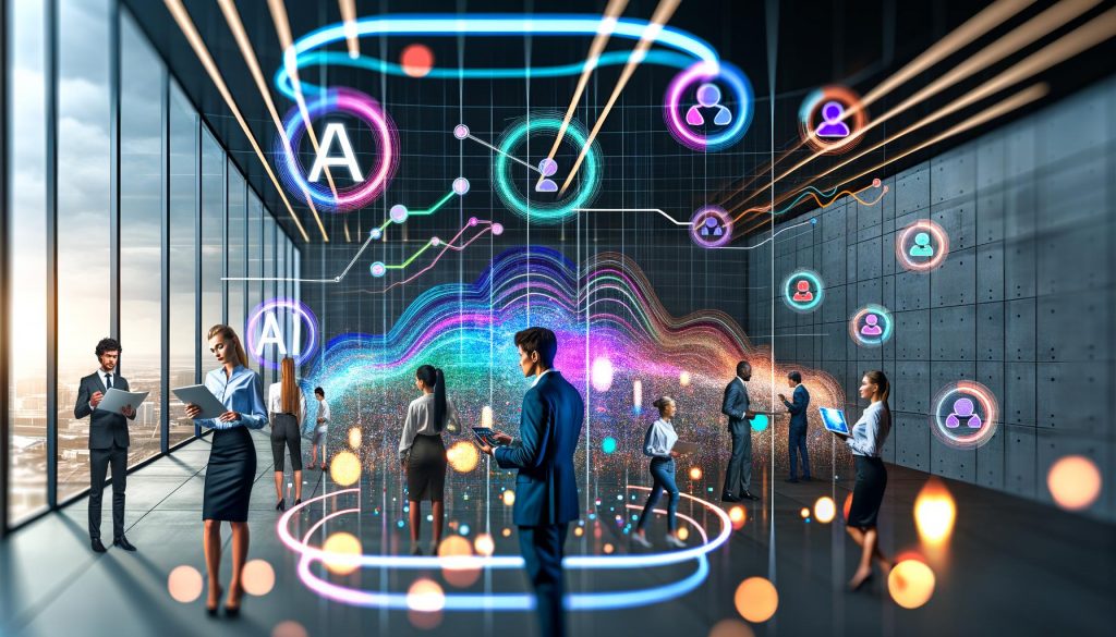 Futuristisches Marketingbüro mit diversen Personen, die holographische Daten und KI-Analysen betrachten. Im Vordergrund ein Marketer mit Tablet, im Hintergrund leuchtende Symbole für Algorithmen und neuronale Netze.
