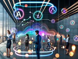 Futuristisches Marketingbüro mit diversen Personen, die holographische Daten und KI-Analysen betrachten. Im Vordergrund ein Marketer mit Tablet, im Hintergrund leuchtende Symbole für Algorithmen und neuronale Netze.