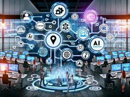 Modernes Büro mit digitalen Bildschirmen, Menschen an Computern und automatisiertem Workflow für verschiedene Content-Formate und smarte Tools.