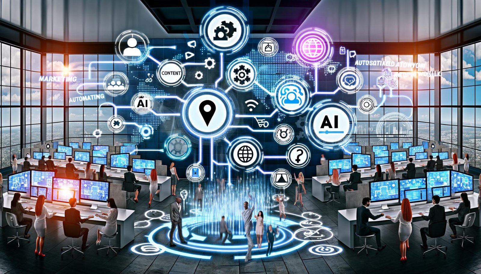 Modernes Büro mit digitalen Bildschirmen, Menschen an Computern und automatisiertem Workflow für verschiedene Content-Formate und smarte Tools.