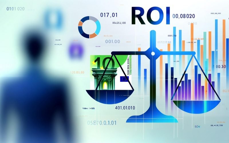 Stilisiertes Titelbild mit Waage, auf der links ein Euro-Schein und rechts bunte Zahlen sowie digitale Datenbalken liegen. Im Hintergrund schauen Silhouetten von Geschäftsleuten gespannt auf das Ergebnis.