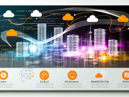 Dynamische Titelseite mit abstrahierten Server-Racks, AWS Lambda-Symbol, Cloud-Komponenten und einer Stadt-Silhouette aus Datenströmen als Symbol für digitale Transformation.