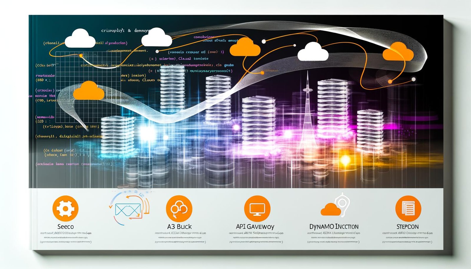 Dynamische Titelseite mit abstrahierten Server-Racks, AWS Lambda-Symbol, Cloud-Komponenten und einer Stadt-Silhouette aus Datenströmen als Symbol für digitale Transformation.