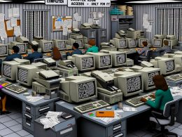 Überladenes Büro der 90er mit Röhrenmonitoren, Disketten, Kabelgewirr und gestressten Mitarbeitern vor textbasierten Computern.