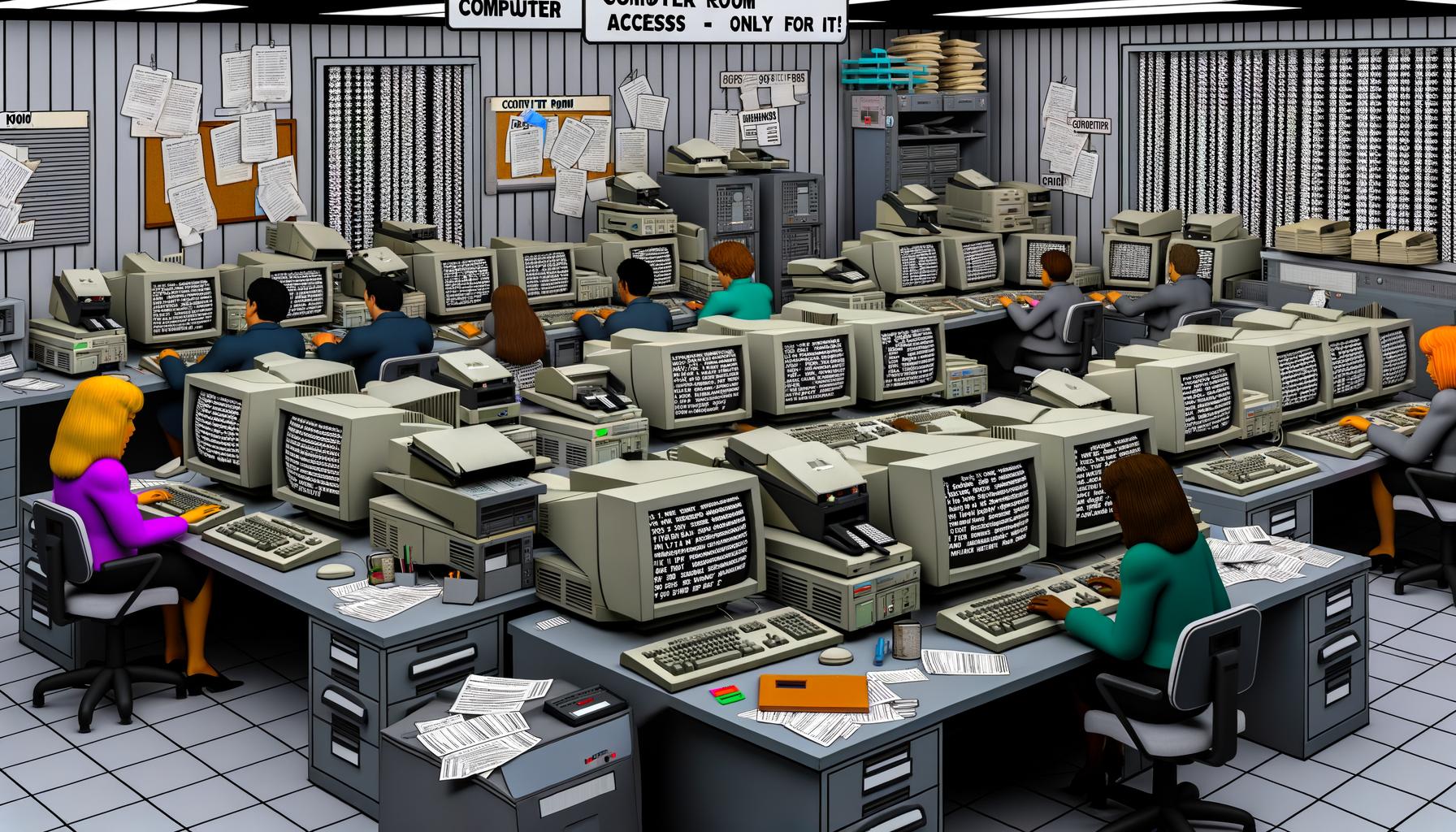 Überladenes Büro der 90er mit Röhrenmonitoren, Disketten, Kabelgewirr und gestressten Mitarbeitern vor textbasierten Computern.