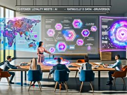 Offene Marketingabteilung mit Team an einem Tisch mit Customer Journey Maps und riesigen, holografischen Dashboards zu KI-basierten Kundenanalysen, weibliche Führungskraft mit Tablet im Vordergrund.