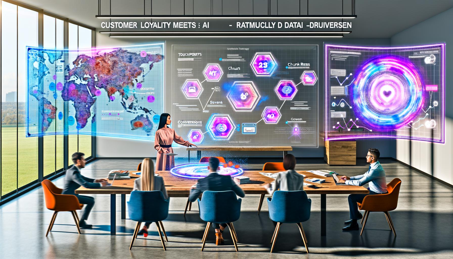 Offene Marketingabteilung mit Team an einem Tisch mit Customer Journey Maps und riesigen, holografischen Dashboards zu KI-basierten Kundenanalysen, weibliche Führungskraft mit Tablet im Vordergrund.