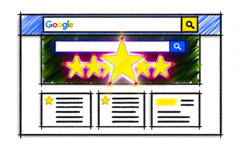 Hervorgehobenes Google-Suchergebnis mit Sternbewertung, Bild, Preisschild und FAQ, das sich von Standard-Ergebnissen abhebt