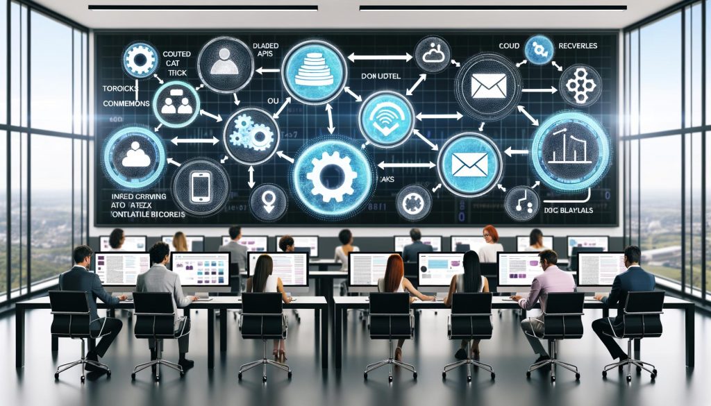 Team in einem dynamischen, modernen Büro betrachtet digitale Bildschirme voller Diagramme, Dashboards und schwebender Icons zur Content-Automatisierung mit KI-Workflows.