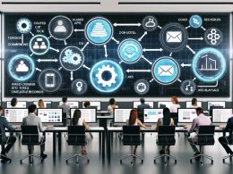 Team in einem dynamischen, modernen Büro betrachtet digitale Bildschirme voller Diagramme, Dashboards und schwebender Icons zur Content-Automatisierung mit KI-Workflows.