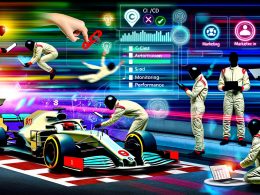 Kreatives Marketing-Team im Formel-1-Overall arbeitet mit Laptops am gebrandeten Rennwagen, umgeben von einer digitalen Pipeline mit Symbolen für Automatisierung und Monitoring vor neonfarbenem, dynamischem Hintergrund.