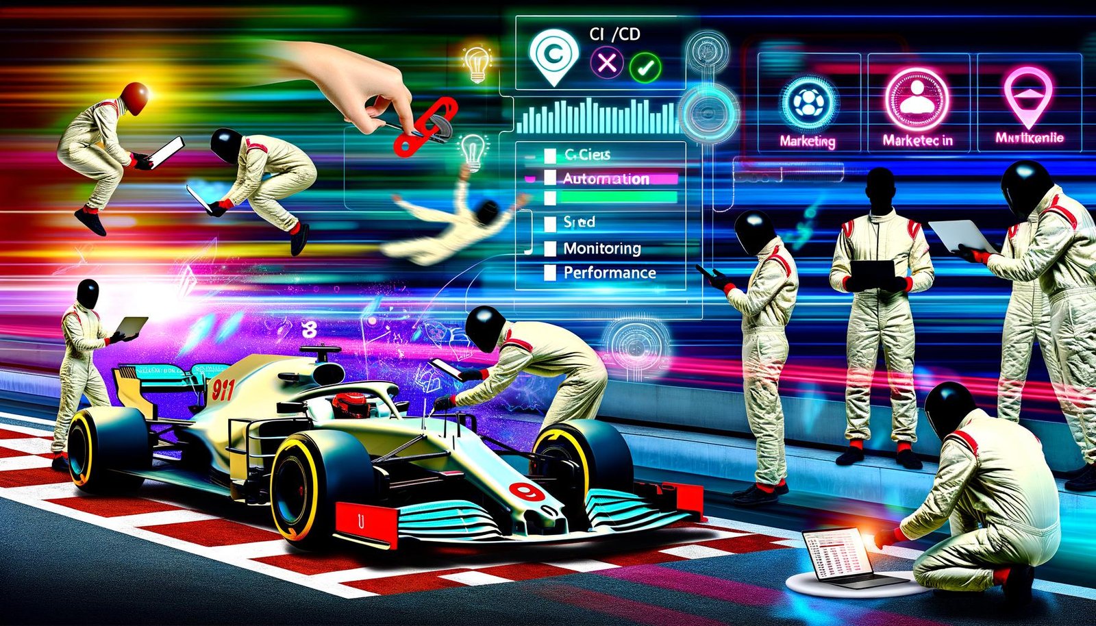 Kreatives Marketing-Team im Formel-1-Overall arbeitet mit Laptops am gebrandeten Rennwagen, umgeben von einer digitalen Pipeline mit Symbolen für Automatisierung und Monitoring vor neonfarbenem, dynamischem Hintergrund.
