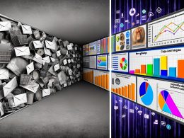 Fotorealistische Collage mit einem grauen, überfüllten Posteingang und eintönigen Werbe-E-Mails links sowie einer bunten, datengetriebenen Welt mit Analyse-Graphen, dynamischen Zielgruppen und individuell angepassten Content-Elementen rechts – verbunden durch digitale Linien.