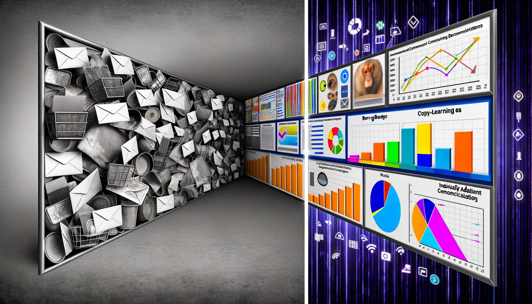 Fotorealistische Collage mit einem grauen, überfüllten Posteingang und eintönigen Werbe-E-Mails links sowie einer bunten, datengetriebenen Welt mit Analyse-Graphen, dynamischen Zielgruppen und individuell angepassten Content-Elementen rechts – verbunden durch digitale Linien.