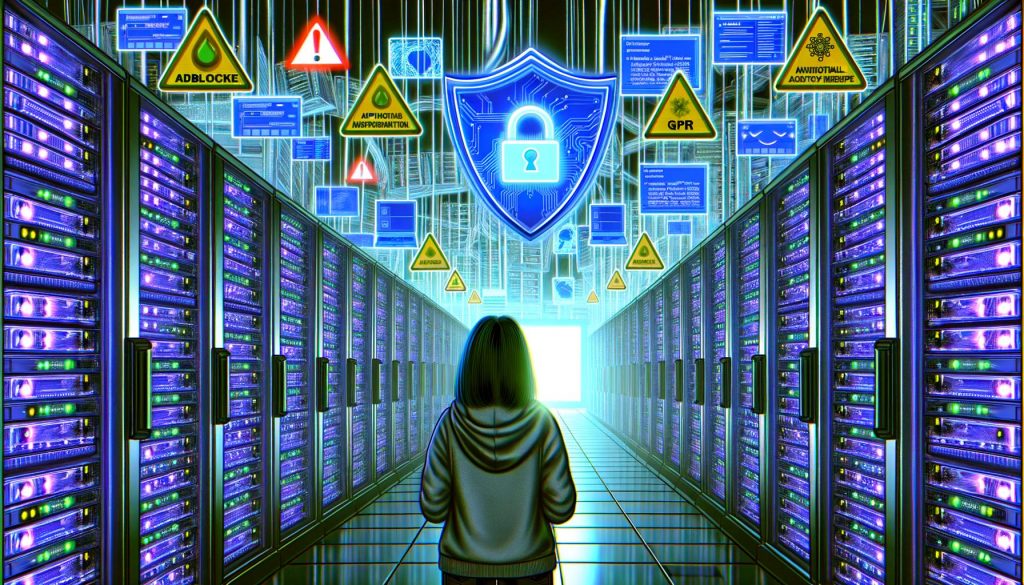 Futuristische Editorial-Illustration eines Serverraums mit Webentwickler und zentralem Analytics Proxy, umgeben von leuchtenden Analytics-Screens, Consent-Bannern, Warnsymbolen und halbtransparenten Adblocker- sowie GDPR-Symbolen.