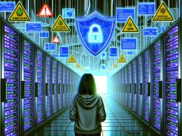 Futuristische Editorial-Illustration eines Serverraums mit Webentwickler und zentralem Analytics Proxy, umgeben von leuchtenden Analytics-Screens, Consent-Bannern, Warnsymbolen und halbtransparenten Adblocker- sowie GDPR-Symbolen.