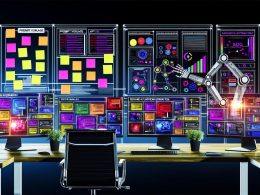 Futuristisches Marketing-Workspace mit automatisierten Workflows, Sticky Notes und High-Five zwischen Roboter- und Menschenhand