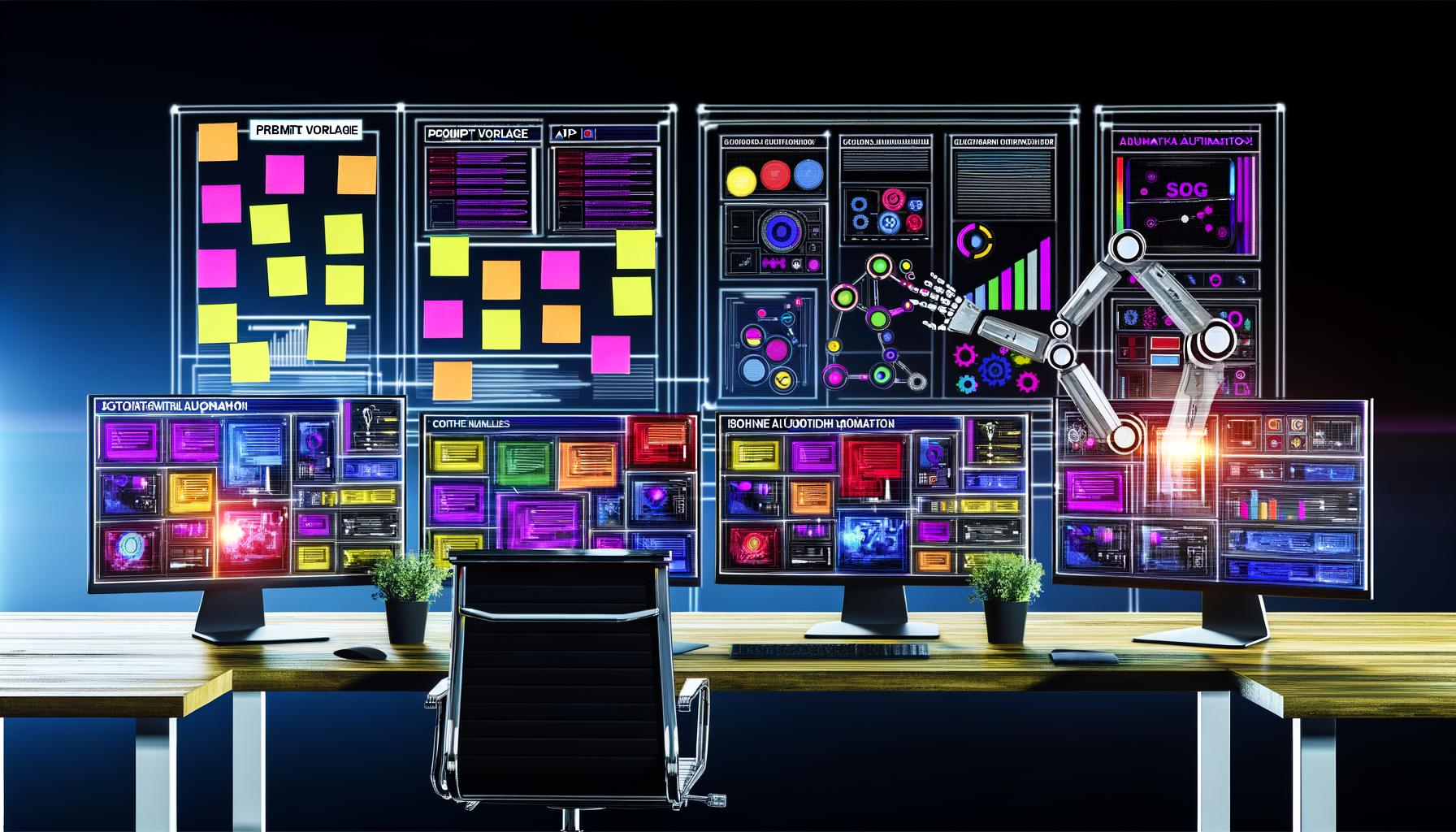 Futuristisches Marketing-Workspace mit automatisierten Workflows, Sticky Notes und High-Five zwischen Roboter- und Menschenhand