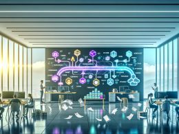 Futuristisches Open-Office mit großem CI/CD-Dashboard, technologiebegeisterten Entwicklern und digitalen DevOps-Tools wie Git, Docker, Jenkins, Kubernetes, Grafana und Prometheus. Im Hintergrund ein verblasster Schatten einer Person mit Schraubenzieher als Symbol des manuellen Arbeitens.