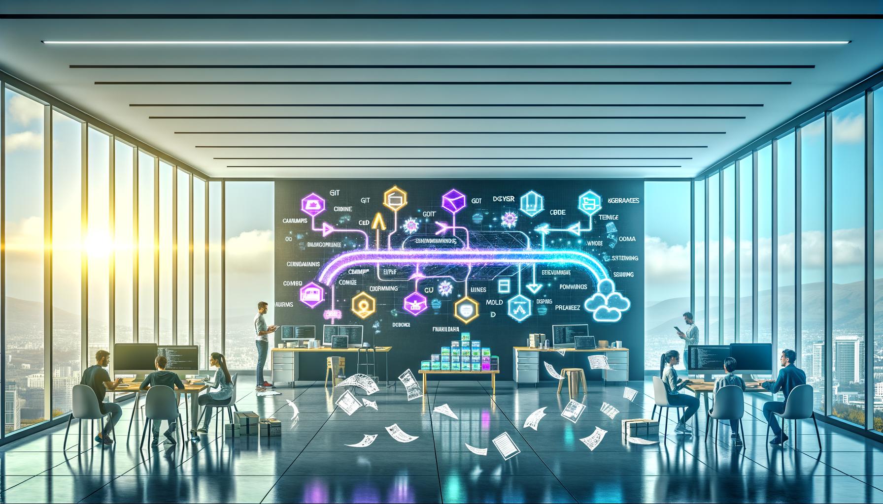 Futuristisches Open-Office mit großem CI/CD-Dashboard, technologiebegeisterten Entwicklern und digitalen DevOps-Tools wie Git, Docker, Jenkins, Kubernetes, Grafana und Prometheus. Im Hintergrund ein verblasster Schatten einer Person mit Schraubenzieher als Symbol des manuellen Arbeitens.