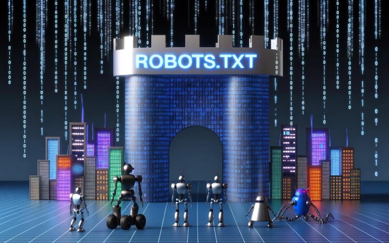 Illustration einer riesigen digitalen robots.txt-Tor-Festung, die Web-Crawler von einer strahlenden Stadt voller Website-Daten fernhält, mit einigen gehorsamen und wenigen heimlichen Bots am Tor.