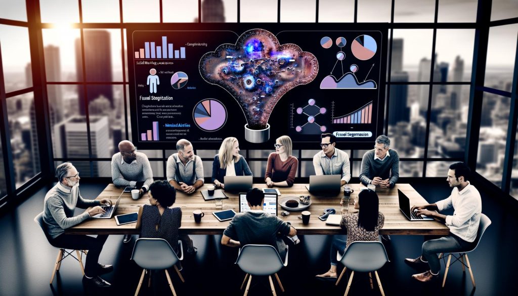 Team im modernen Büro analysiert mit Laptops an einem großen Bildschirm komplexe, KI-gesteuerte Marketing-Daten und Segmentierungen