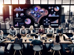 Team im modernen Büro analysiert mit Laptops an einem großen Bildschirm komplexe, KI-gesteuerte Marketing-Daten und Segmentierungen