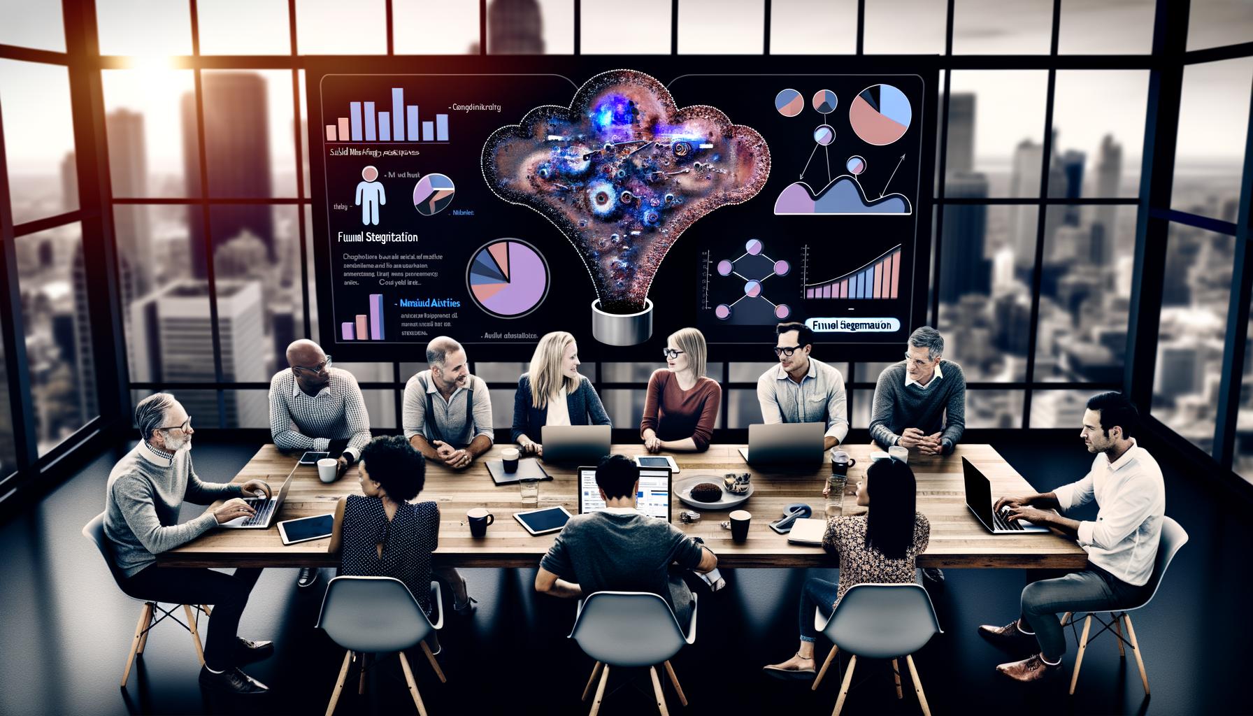 Team im modernen Büro analysiert mit Laptops an einem großen Bildschirm komplexe, KI-gesteuerte Marketing-Daten und Segmentierungen