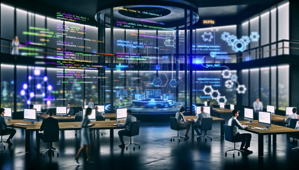 Futuristisches Büro mit Daten-Dashboards, Entwickler:innen, Code auf Monitor, automatisierten Workflows und verstaubten Aufgabenlisten