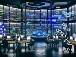 Futuristisches Büro mit Daten-Dashboards, Entwickler:innen, Code auf Monitor, automatisierten Workflows und verstaubten Aufgabenlisten