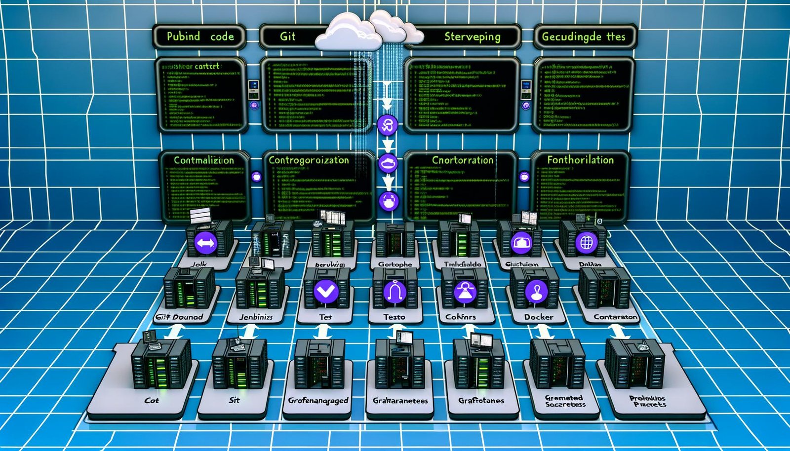 Infografik einer modernen CI/CD Pipeline im futuristischen Rechenzentrum mit Entwickler-Workflows, Build-Servern, automatisierten Tests, Docker-Containern, Kubernetes, Monitoring und Produktionsumgebung.