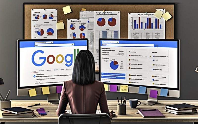 Marketingfachkraft analysiert im modernen Büro Google Ads Dashboards mit Suchergebnissen, CPC-Vergleich und Conversion-Grafiken neben Notizen, Kaffee und Büchern vor einer mit Skizzen gefüllten Wand.