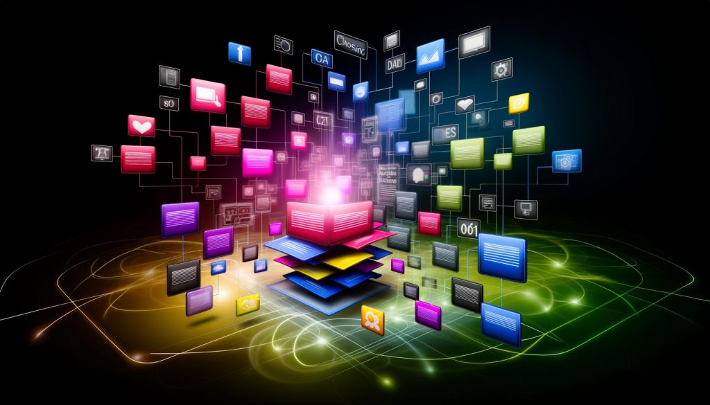 Abstrakte Illustration einer zerplatzenden klassischen Webseite in farbige Content-Module, verbunden durch leuchtende Linien auf dunklem Hintergrund mit SEO-, API- und Geräte-Symbolen.