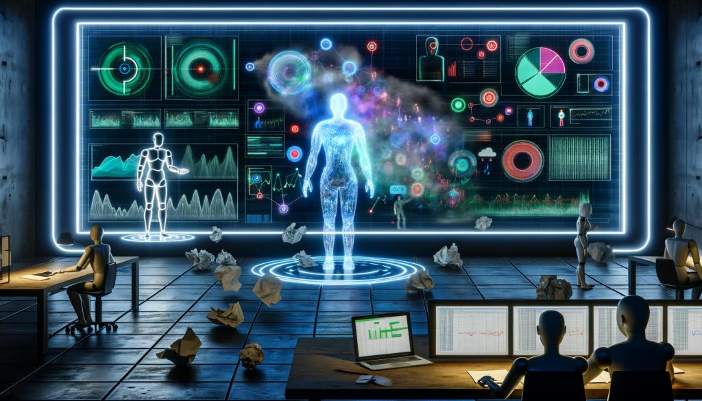 Futuristische Büro-Szenerie mit digitalem Dashboard, humanoidem Roboter, holografischen Datenströmen und Menschen, die auf die Kooperation von Mensch und Maschine blicken. Im Hintergrund Altlasten wie zerknülltes Papier und ein alter Laptop.