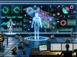 Futuristische Büro-Szenerie mit digitalem Dashboard, humanoidem Roboter, holografischen Datenströmen und Menschen, die auf die Kooperation von Mensch und Maschine blicken. Im Hintergrund Altlasten wie zerknülltes Papier und ein alter Laptop.