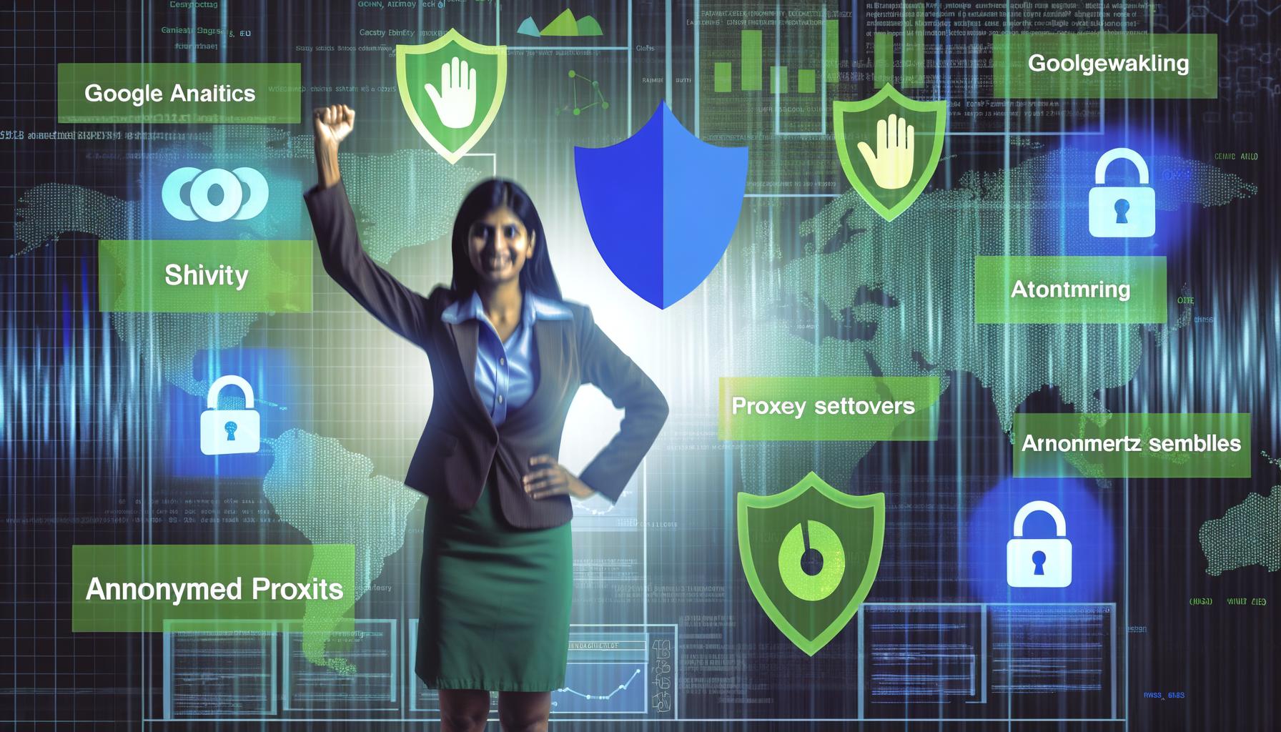 Illustration eines Marketingspezialisten vor einem komplexen digitalen Dashboard mit Datenschutz- und Proxy-Icons, während alte Cookie-Warnungen im Hintergrund verblassen.