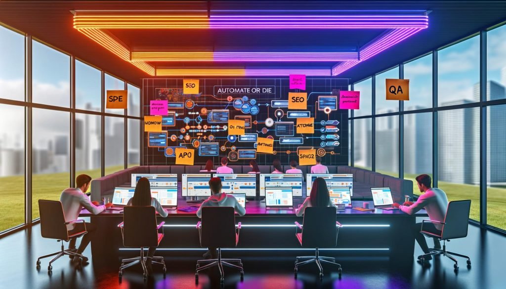 Marketingprofis arbeiten konzentriert an Laptops und großen Monitoren mit Workflow-Diagrammen, API-Integrationen und Datenpipelines in einem modernen Büro mit Glaswänden.