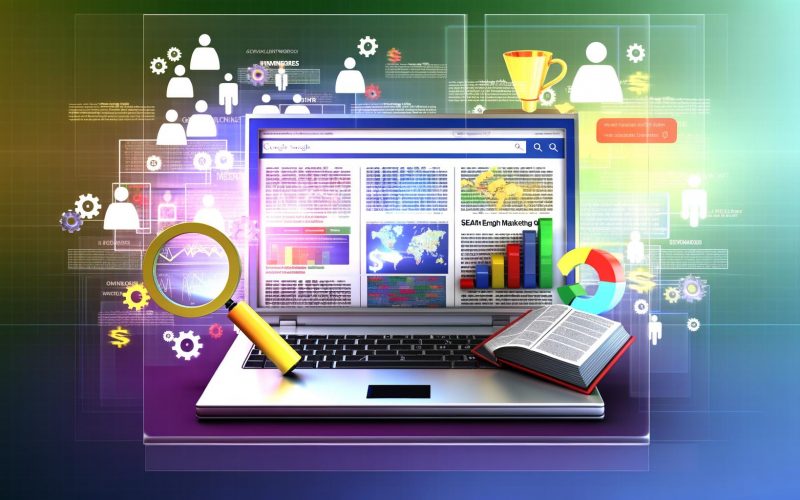 Modernes, farbenfrohes Magazin-Titelbild mit Laptop, SEM-Datenvisualisierungen, Suchmaschinenergebnissen, Anzeigen und Symbolen: Keywords, Klicks, Lupe, Dollarzeichen und Zahnräder, Hintergrund mit Google- und Bing-Logos.