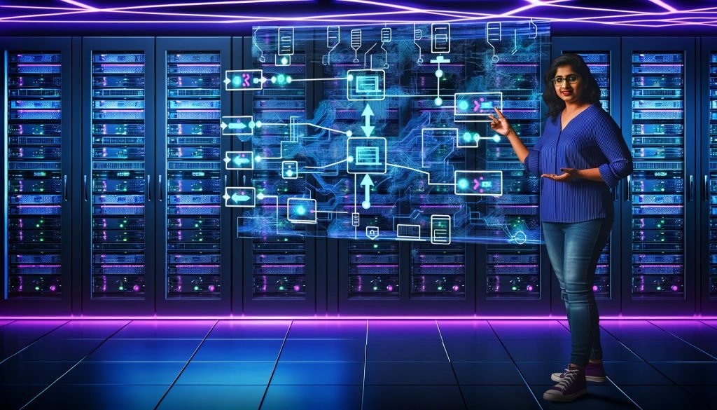 Futuristischer Serverraum mit blauer und lilafarbener Beleuchtung, holografischen CI/CD-Diagrammen und einem DevOps-Ingenieur, der eine digitale Pipeline-Blueprint präsentiert.
