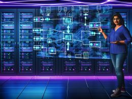 Futuristischer Serverraum mit blauer und lilafarbener Beleuchtung, holografischen CI/CD-Diagrammen und einem DevOps-Ingenieur, der eine digitale Pipeline-Blueprint präsentiert.