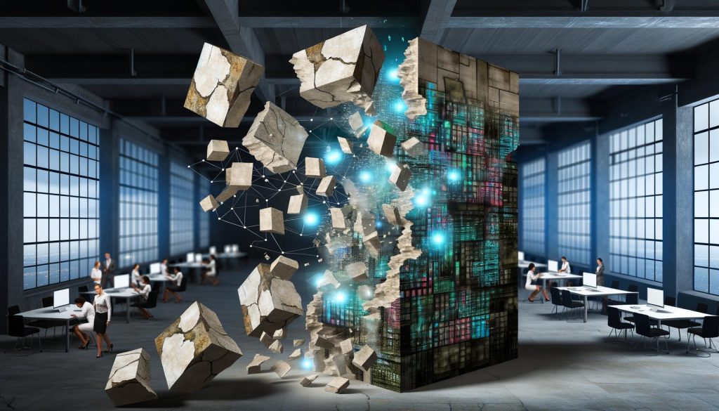 Illustration eines zerbrechenden Steinmonoliths in einer verlassenen Büroumgebung, während leuchtende, modulare Blöcke eine flexible, futuristische Architektur bilden. Technikexperten und Geschäftspartner arbeiten an transparenten Bildschirmen zusammen.