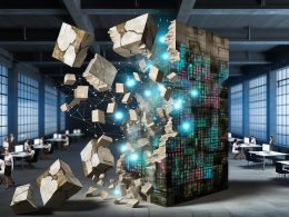 Illustration eines zerbrechenden Steinmonoliths in einer verlassenen Büroumgebung, während leuchtende, modulare Blöcke eine flexible, futuristische Architektur bilden. Technikexperten und Geschäftspartner arbeiten an transparenten Bildschirmen zusammen.