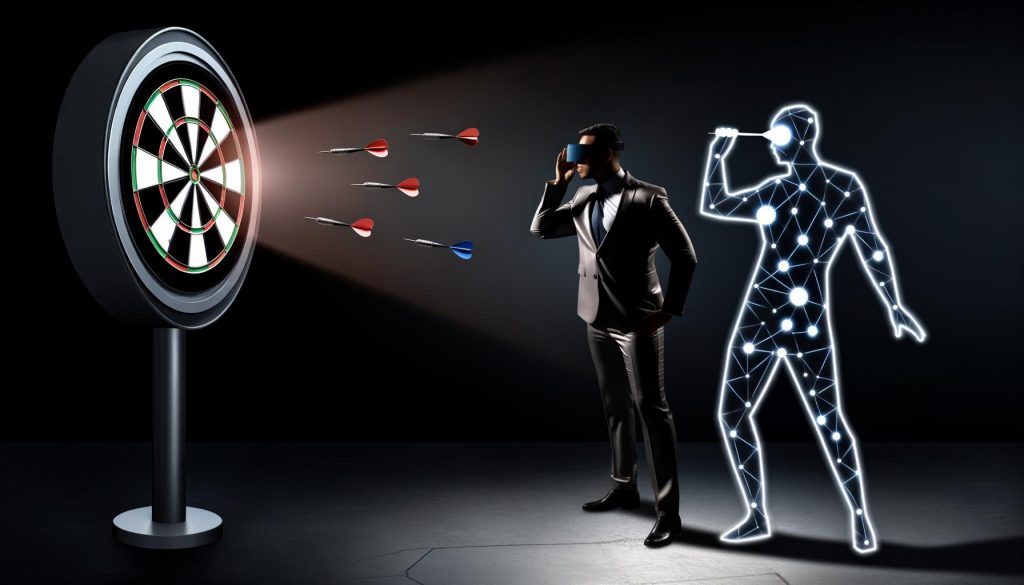 Redaktionelle Illustration eines Marketers, der im Dunkeln einen Dartpfeil wirft, während eine leuchtende KI-Silhouette eine präzise platzierte Zielscheibe hervorhebt.