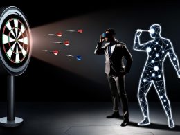 Redaktionelle Illustration eines Marketers, der im Dunkeln einen Dartpfeil wirft, während eine leuchtende KI-Silhouette eine präzise platzierte Zielscheibe hervorhebt.